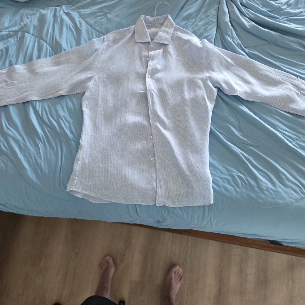 Luca Faloni Made in Italy Light Blue Men's Long-Sleeve Linen Button-Up Shirt - Picture 2 of 4